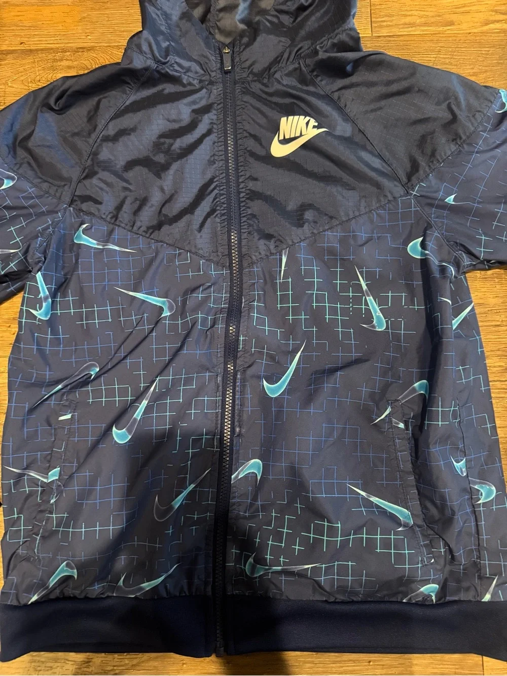Nike Swooshfetti Blue Loose Fit Full Zip Hooded Windrunner Jacket Sz Youth XL